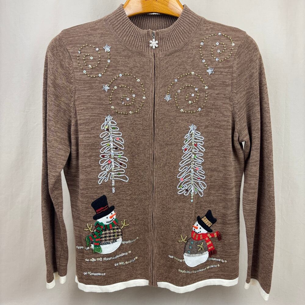 Mercer Street Studio Heather Brown Full Zip Cardigan Christmas Sweater Small